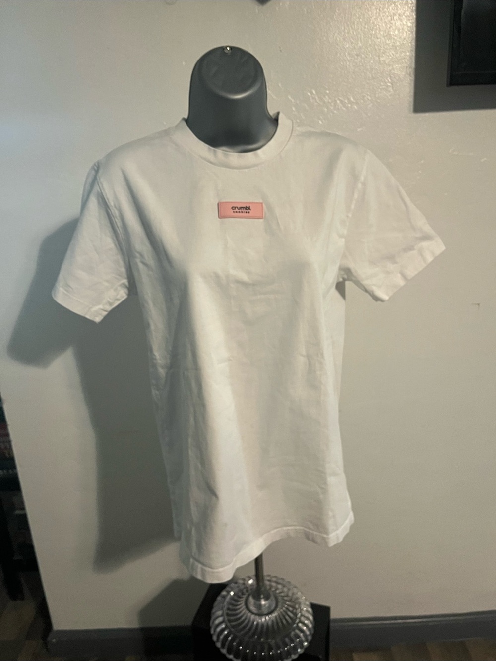 White Crewneck T-Shirt with Pink Logo Patch